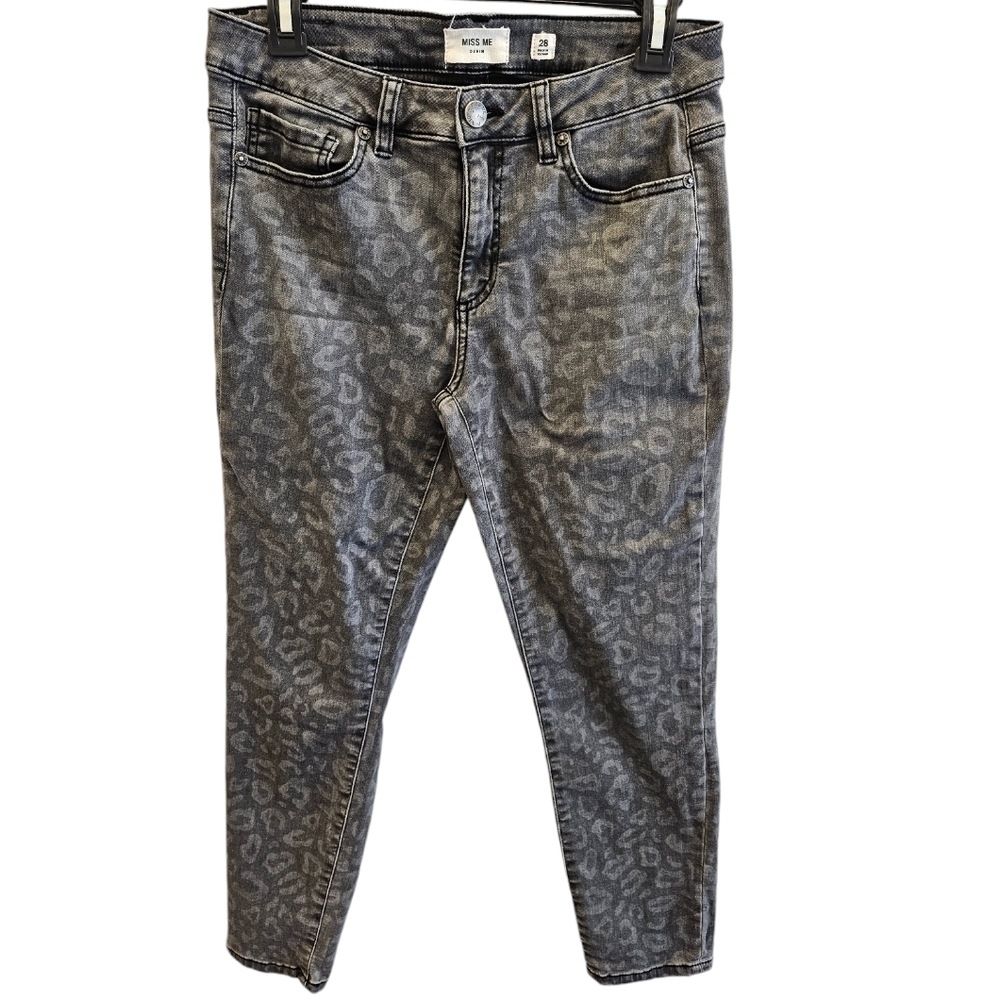 Miss Me Denim Gray Leopard Mid Rise Ankle Skinny Stretch Jean